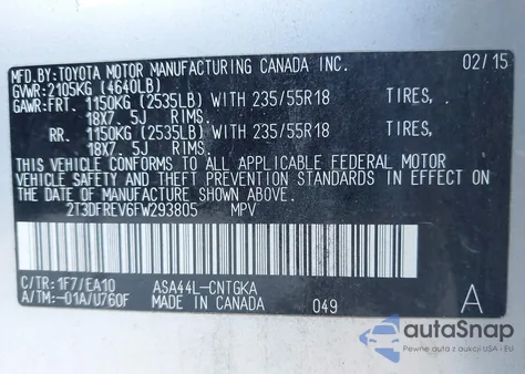 2015 Toyota Rav4 Limited from USA, damaged, VIN 2T3DFREV6FW293805